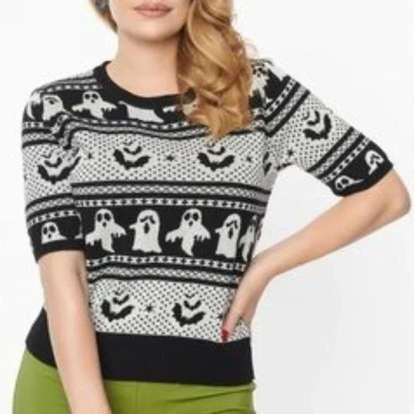 NWT Unique Vintage Black Black & Grey Ghost Delight Fair Isle Knit Top 3x - Picture 2 of 9